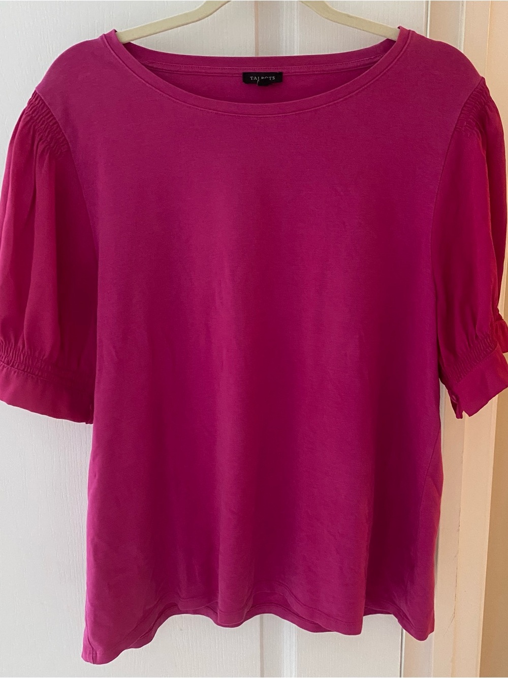 Talbots Fuchsia Short Sleeve Knit Top with Gathered Sleeves - Picture 1 of 3